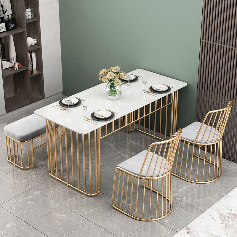 Glam White Dining Table Set with 4 Chairs – Gold Metal Base