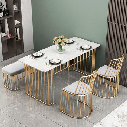 Glam White Dining Table Set with 4 Chairs – Gold Metal Base